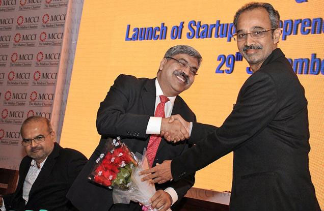 Supporting start-ups (from left) Sarath Naru, Managing Partner at Ventureeast, Satya Narayan Bansal, CEO of Barclays Wealth and Investment Management — India and SG Prabhakharan, President of the MCCI, at the launch of the Startup Entrepreneurial Ecosystem, in Chennai on Tuesday BIJOY GHOSH