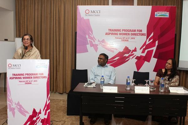 Ranaja Kumar, Chairperson of the Advisory Board on Bank, Commercial and Financial Frauds, speaking at the valedictory function of the aspiring women directors programme held by the chamber. Ram Venkataramani, Vice President, MCCI & MD, IP Rings Ltd, and Gayathri Sriram, Managing Director, Ucal Auto Pvt. Ltd, are also seen. 